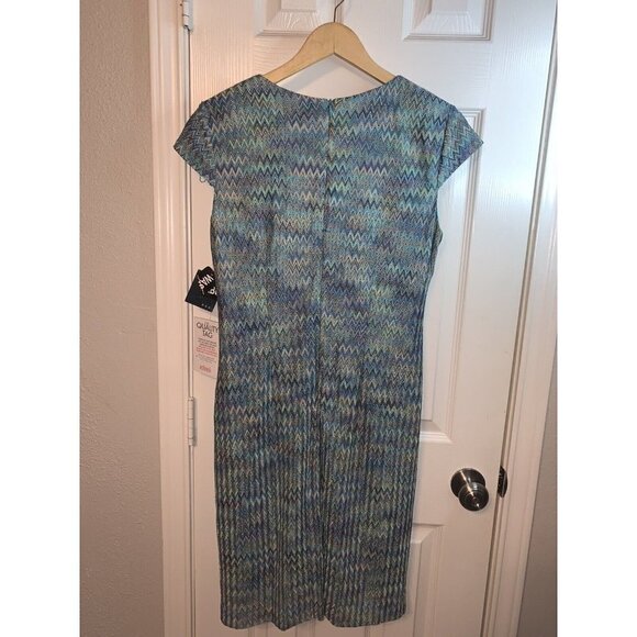 Gabby Skye Teal Chevron Print Faux Wrap Ruffled V-Neck Boho Dress Size 12 - Picture 5 of 9
